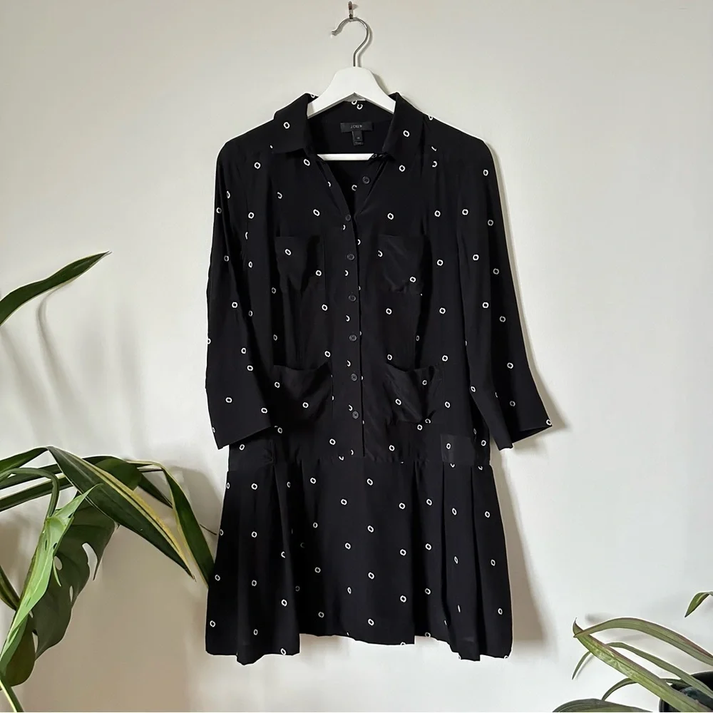 J Crew Silk Button Front Shirt Dress Black Print Long Sleeve Size XS